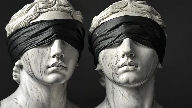 Mystery's Gaze: Two antique statues, blindfolded in somber black, command attention against a dim backdrop, prompting reflection on secrets and obscured visions. 