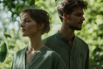 Fototapeta premium A contemplative couple in matching green attire stands amidst a lush, sun-dappled forest backdrop, exuding a sense of serenity and connection.