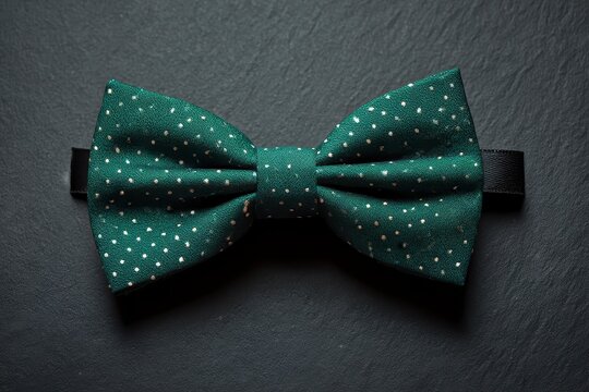 Stylish green bow tie with polka dot pattern on black table