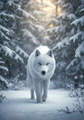 Obraz premium Arctic Majesty: White Wolf in Winter Wonderland AI Generated