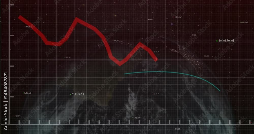 Poster futuristic animated illustration streaming bold red zigzag line over faint teal curve with grid