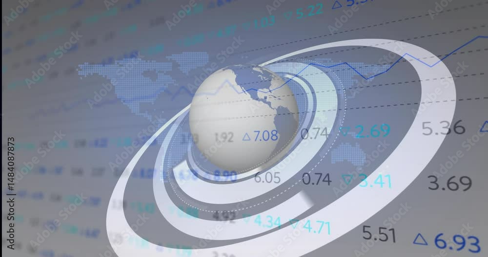 Poster central 3d globe floating in digital space, showing translucent orbital rings with numeric data
