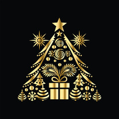 Merry Christmas and Happy New Year. Greeting card with Christmas tree, gifts and snowflakes. Christmas and New Year background with snowflakes in hands. Vector illustration.