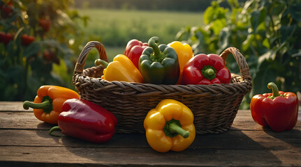 Vibrant Colorful Bell Peppers in a Rustic Basket