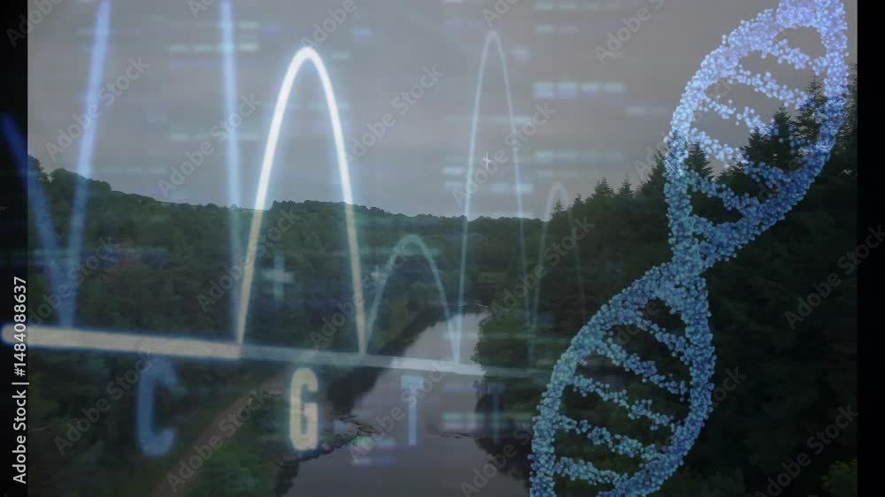 Poster molecular double helix floating over forest valley, glowing waveforms rising, code blocks moving