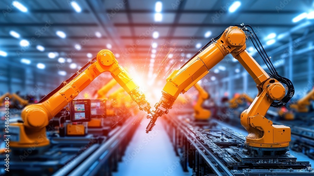 Poster automated manufacturing two industrial robotic arms collaborate in a modern factory setting