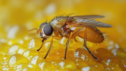 Golden Fly Feeding on Amber Substance