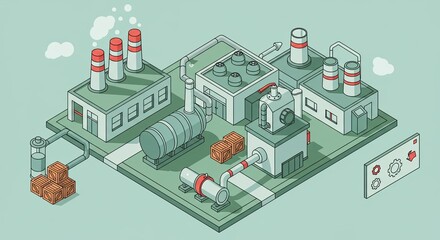 Isometric illustration of a factory with smokestacks and industrial infrastructure