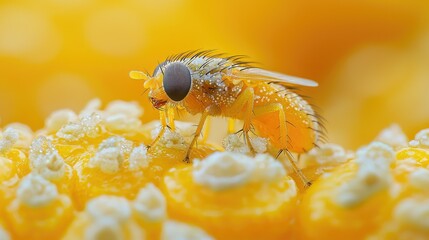 Yellow Fly Perched on Golden Surface Detailed Closeup