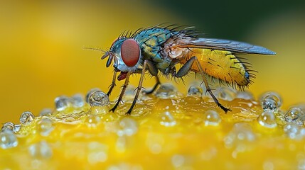 Vibrant Fly Perched on Dew Covered Yellow Flower