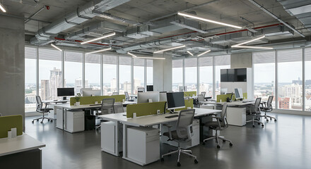 Modern Open Plan Office Workspace, City View