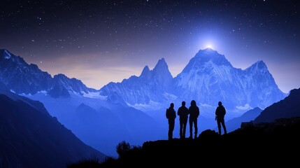 Majestic Mountain Peak at Night Silhouetted Hikers Admire Starry Sky and Glacial Landscape