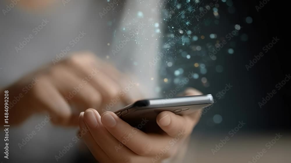 Poster woman's hands navigating smartphone screen with glowing digital particles and network connections vi