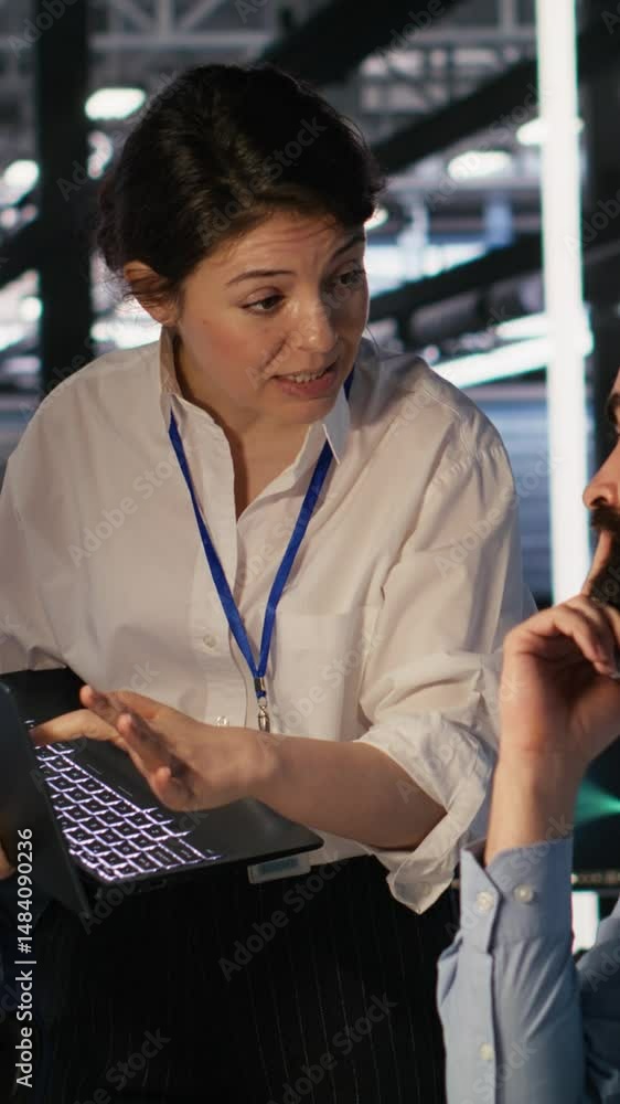 Poster vertical video data center admins working together, collaborating on neural network software develop