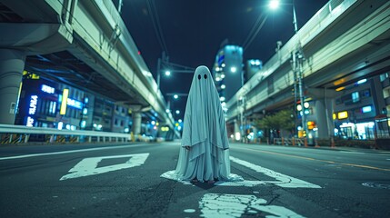 Ghostly Figure Stands Alone On A City Street At Night