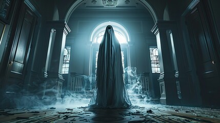 Ethereal Figure Stands in a Haunted Mansion Hallway