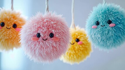 Cute Fluffy Balls: Adorable handmade fluffy balls with smiling faces, hanging in a row, showcasing vibrant pastel colors.  - Powered by Adobe