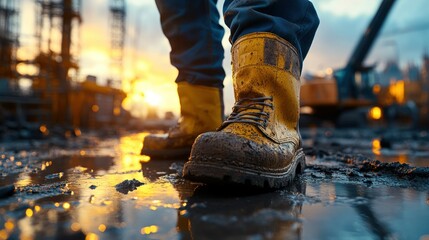Muddy work boots on a construction site at sunset