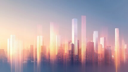 Fototapeta premium Urban Skyline at Dawn Glowing Cityscape with Tall Buildings and Light Streaks
