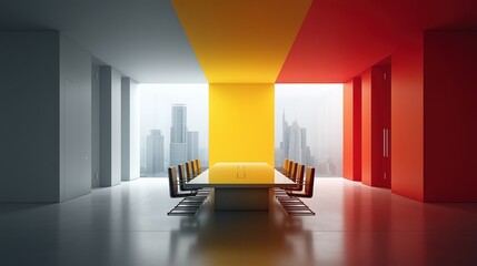 Vibrant modernist boardroom with long yellow table, surrounded by alternating chairs and enclosed by tri-tone red-yellow-gray walls with panoramic windows showing foggy cityscape in the background