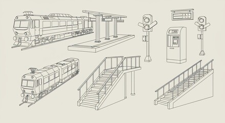 Obraz premium Line drawing illustration of a train station with various transportation elements.