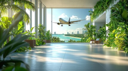 Airplane Approaching Tropical Island Airport Lounge