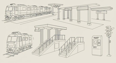 Obraz premium Line drawing of railway station elements including trains, stairs, and ticket machine