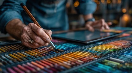 Artist's hands working with colored pastels and digital tablet