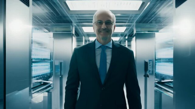 a 40-year-old white male engineer walks confidently, facing camera, slightly smiling in a modern high-tech lab with rim light, camera dolly zooms out slowly concept of innovation and technology