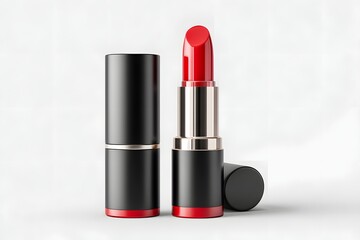 Obraz premium A striking red lipstick placed elegantly on a neutral background. The sleek design captures the essence of elegance and beauty for makeup enthusiasts seeking a bold look.