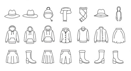 Minimalist line art illustrations of various clothing items for cold weather