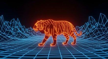 Neon tiger in futuristic landscape