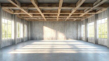 Fototapeta premium Concrete walls, a large room with windows and ceiling with wooden beams.