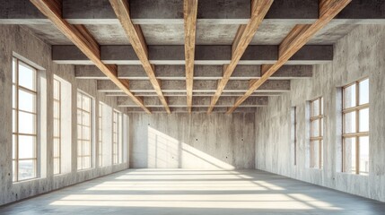 Concrete walls, a large room with windows and ceiling with wooden beams.