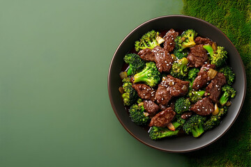 Delicious stir-fried beef and broccoli dish in a dark plate.