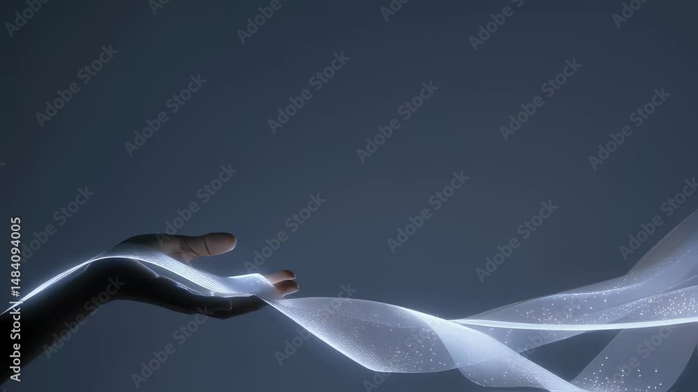 Poster luminous energy wave emanating from human hand, tracing delicate, glowing curves against dark backdr
