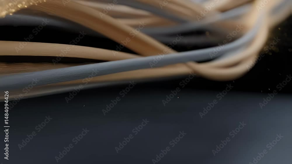 Poster golden and silver strands gracefully flow and twist, emitting shimmering particles against a dark ba