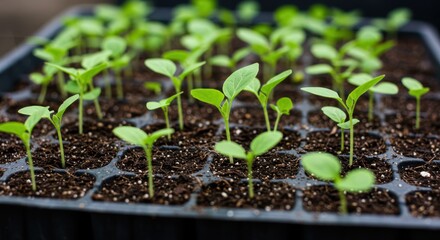 Seedlings in tray representing new life and growth, featuring green sprouts and dark soil