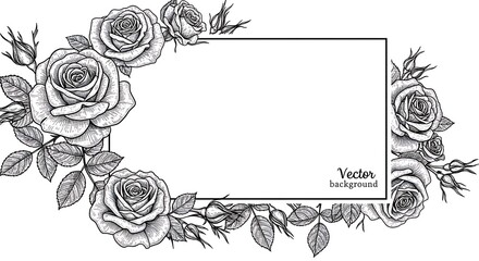 Elegant Monochrome Rose Frame: Vintage Floral Illustration