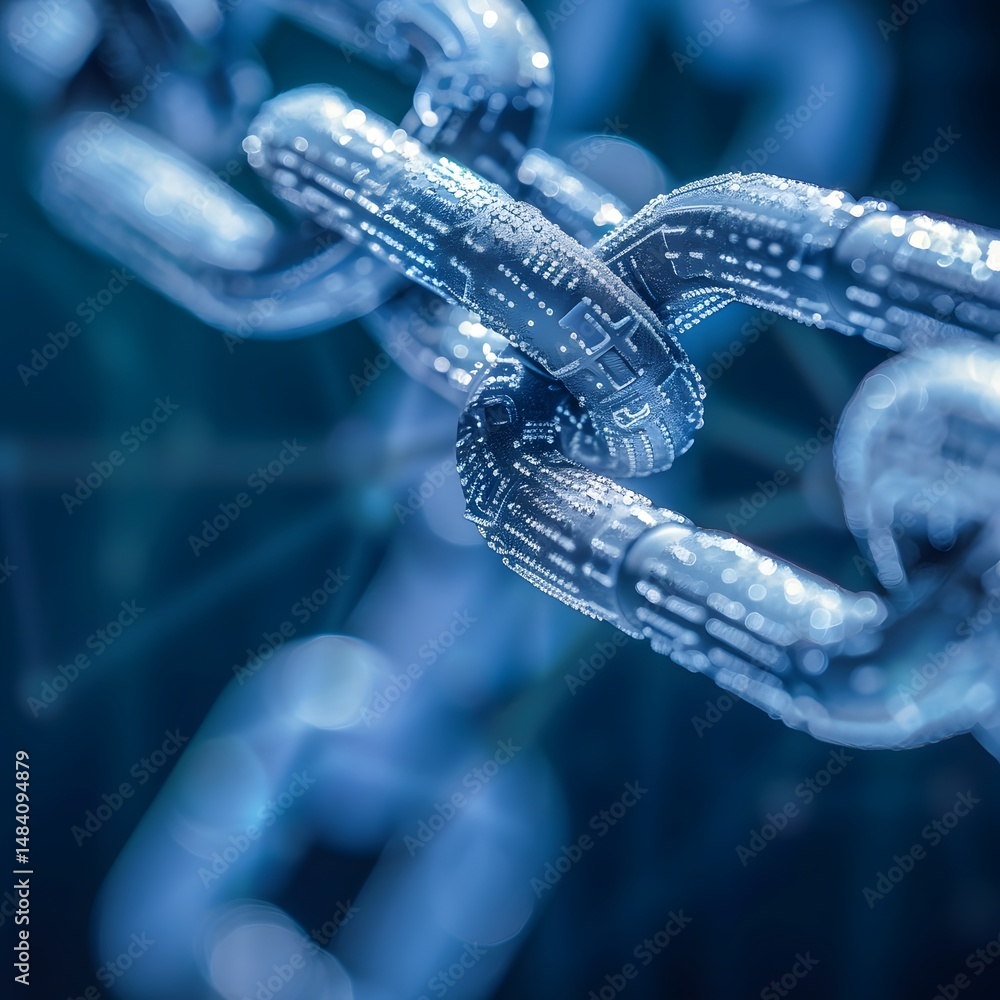 Poster a detailed rendering of a futuristic digital blockchain network with glowing links.
