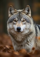 Obraz premium Majestic Wolf: Autumn Forest Gaze AI Generated
