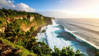 Obraz premium Tropical cliffside with crashing waves and coastal palms