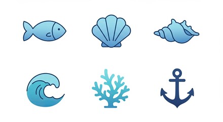 Set of cute blue marine icons including fish, shells, wave, coral and anchor