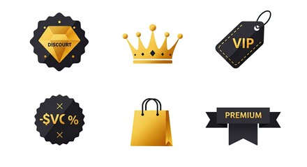 Set of golden and black premium icons for discount, VIP, and shopping concepts