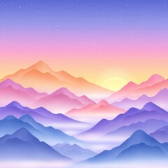 Pastel Sunrise Mountain Range with Misty Valleys and Starry Sky