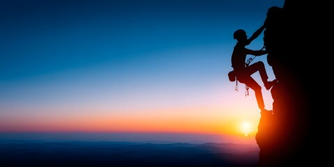 A climber ascends a rocky cliff at sunset, showcasing determination and adventure