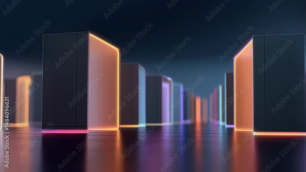 Aufkleber Futuristic corridor made of glowing rectangular structures changing colors, creating a mesmerizing and abstract visual experience with a dark background
