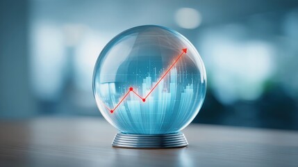 A crystal ball displays a rising financial chart, symbolizing market predictions and economic forecasts.