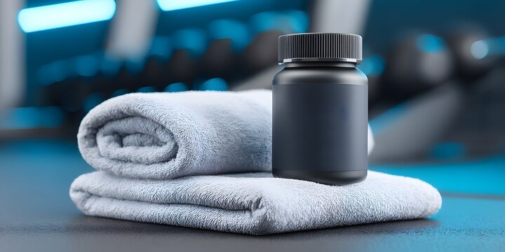 A stylish workout setting featuring a black supplement bottle resting on a soft towel. Perfect for fitness enthusiasts looking to enhance their exercise routine and nutrition.