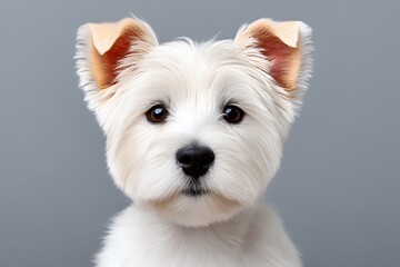 A cute white dog with fluffy fur and perked ears, posing against a neutral background. This charming pet embodies playfulness and loyalty, perfect for pet-related themes.